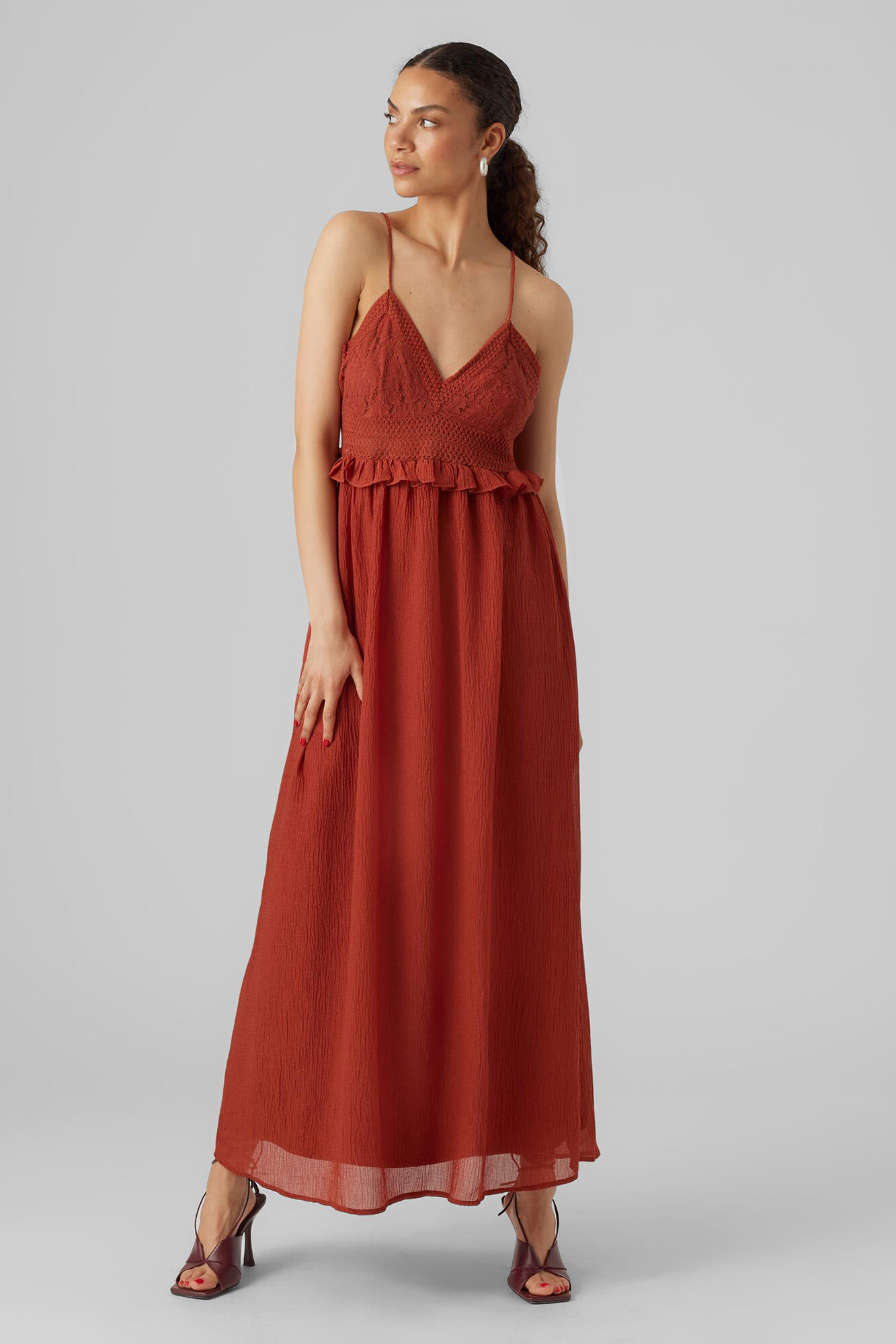 Vestido fluido de tecido com costas cruzadas - Vermelho