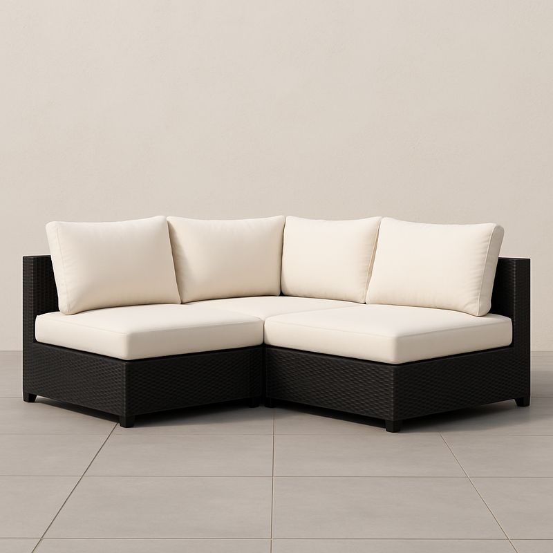 Ecksofa Set aus Stahl und Kunststoffrattan mit Kissen Creme