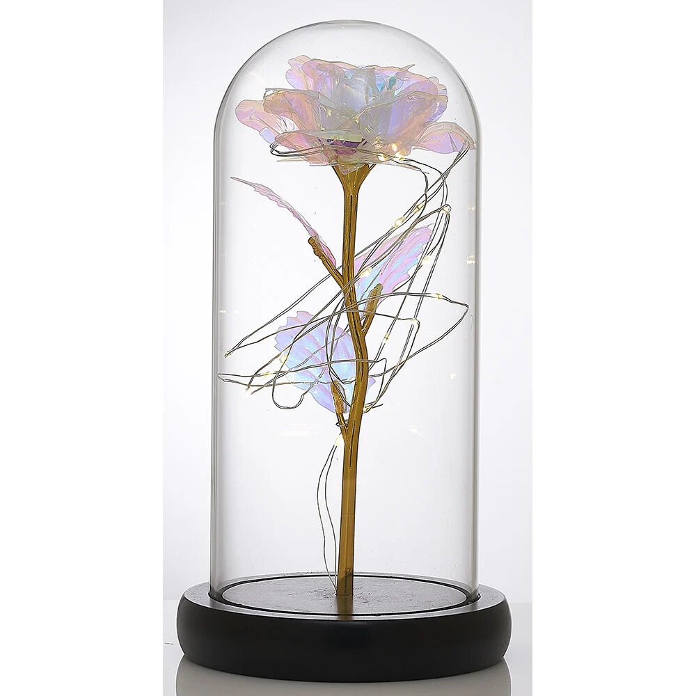 Rose iridescente à led sous cloche