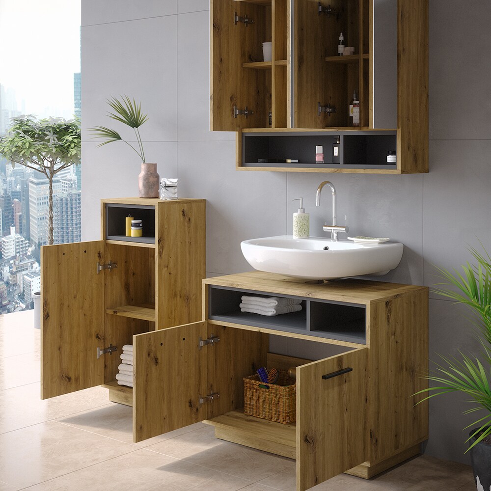 Vicco Badmöbel-Set Badezimmer-Möbel Bad-Schrank Beatrice Eiche Anthrazit modern Badezimmerschrank Waschtischunterschrank Spiegelschrank Midischrank Schranktür Schrankfach