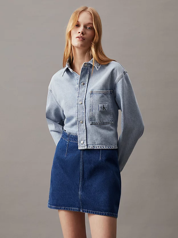 jaqueta camisa jeans de corte reto