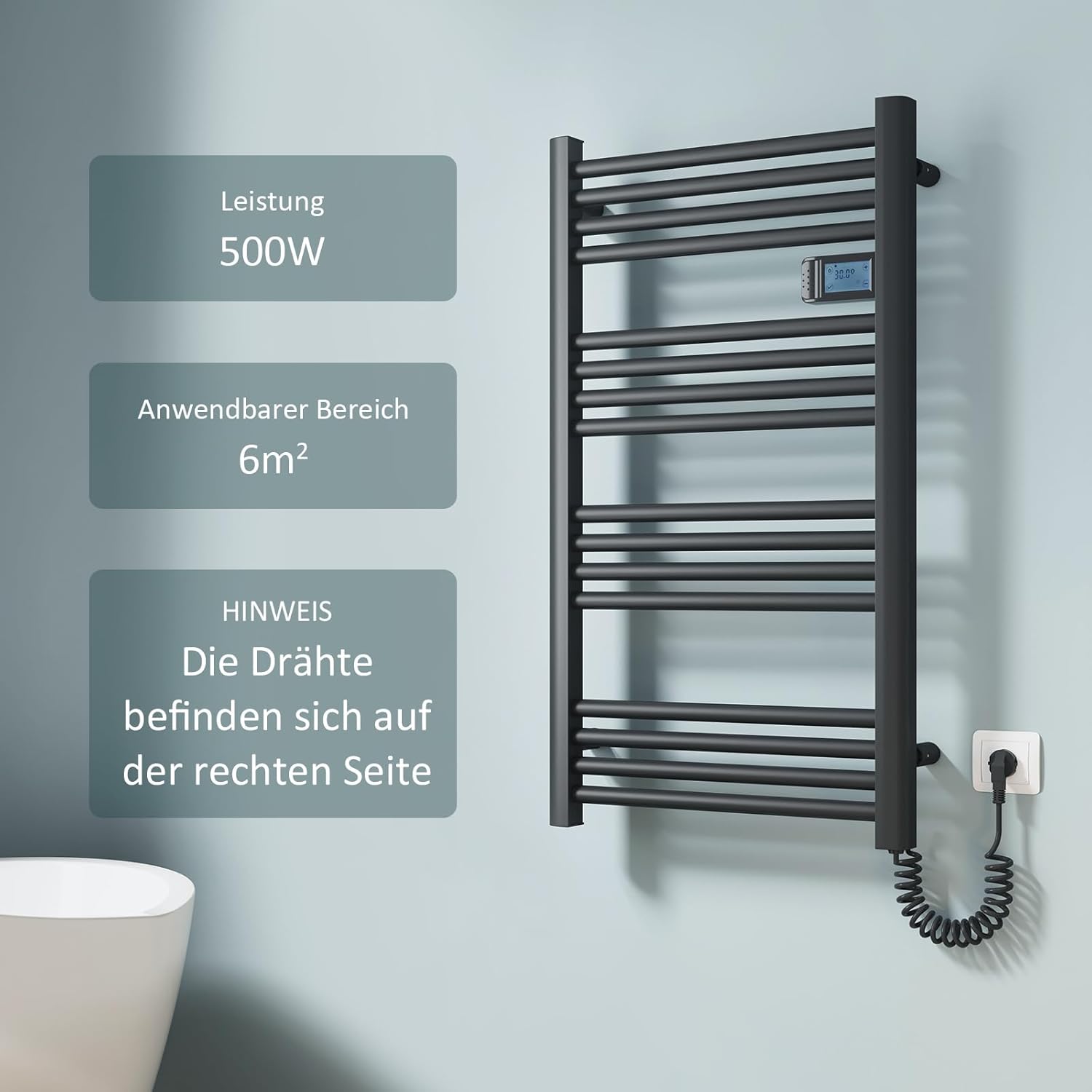 EMKE Elektrischer Handtuchheizkörper 75 x 40 cm, Badheizkörper Elektrisch mit Touchschalter Timer, Handtuchheizung Handtuchtrokner Handtuchwärmer Elektrisch Schwarz Matt 180W