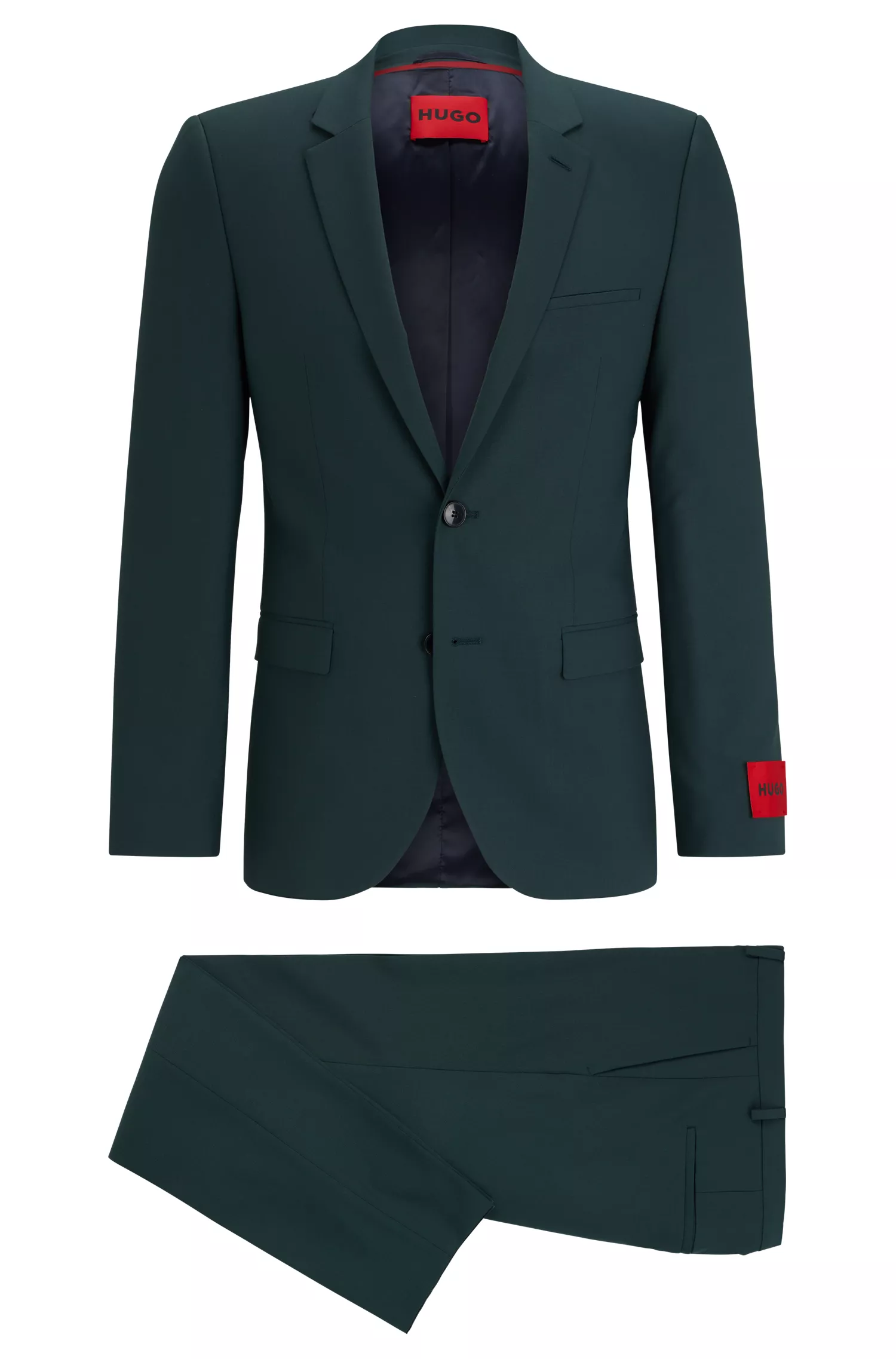 Terno HUGO vermelho, corte extra slim, em tecido elástico de alta performance.