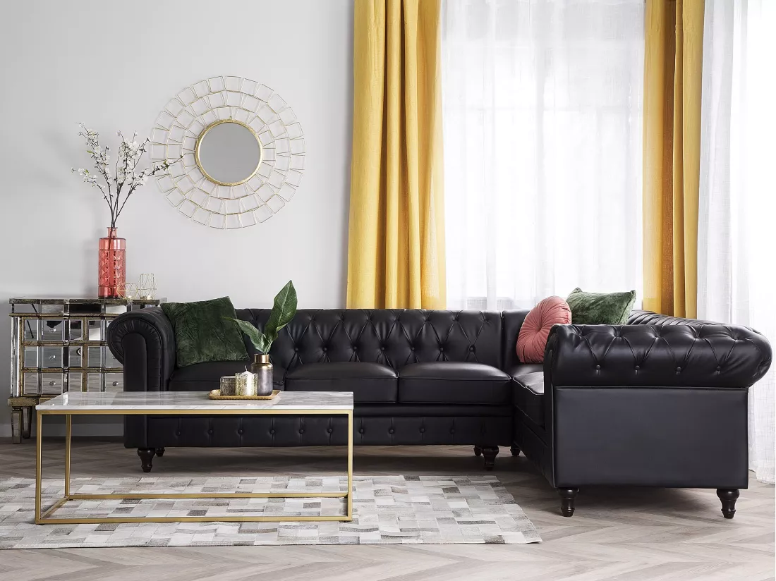 Canapé d'Angle à droite en Cuir PU Noir Housse Amovible Assise Large Chesterfield