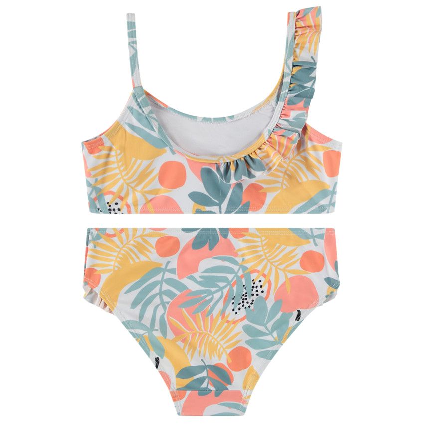 Maillot de bain 2 pièces volantées avec imprimée tropical pour fille - Blanc
