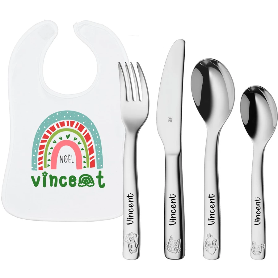 Schnullireich Geschenkset mit Namen WMF Kinderbesteck Farm + Lätzchen Weihnachten Blau