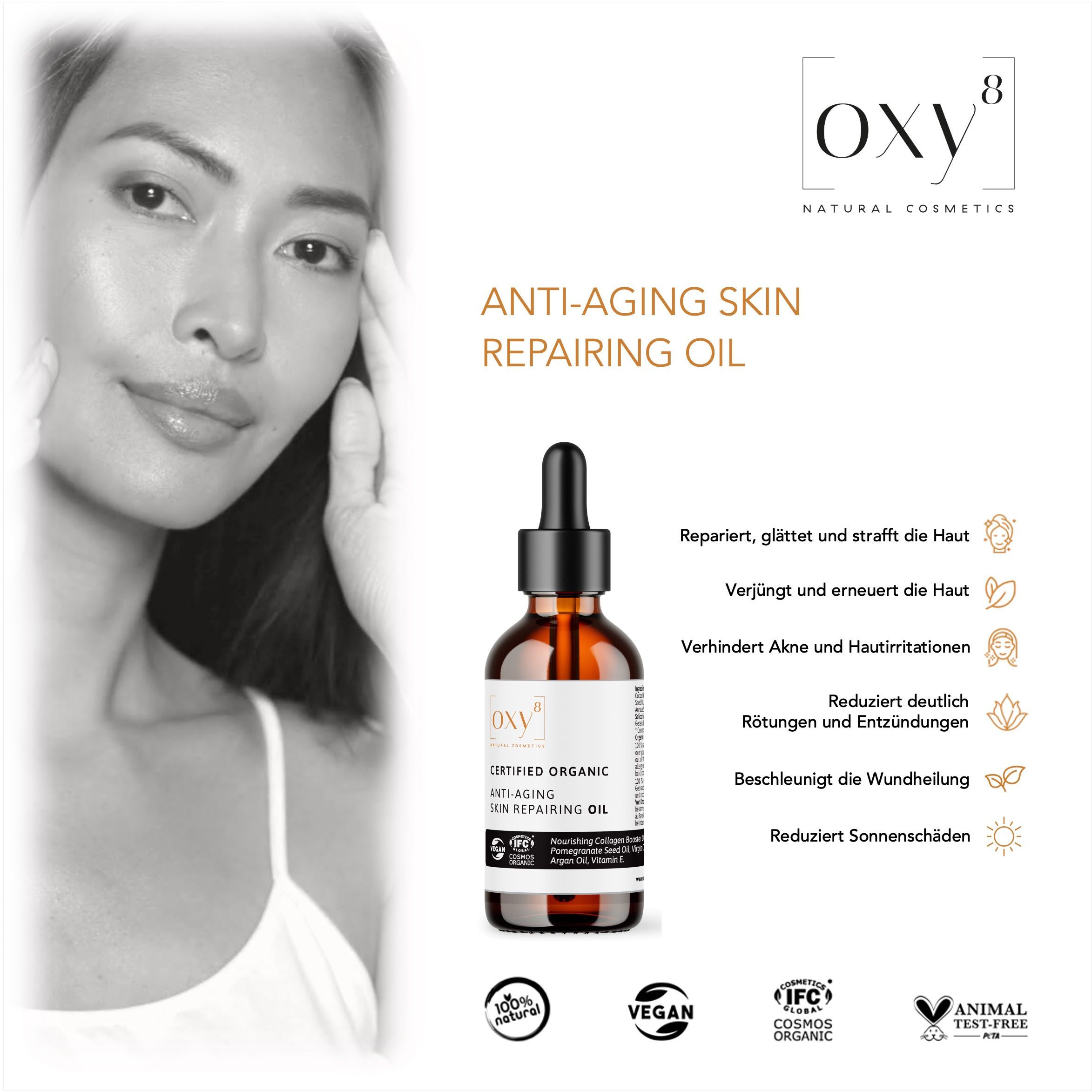 oxy8 Naturkosmetik ANTI-AGING SKIN REPAIRING OIL – Gesichtsöl. Repariert & glättet. Verhindert Akne.