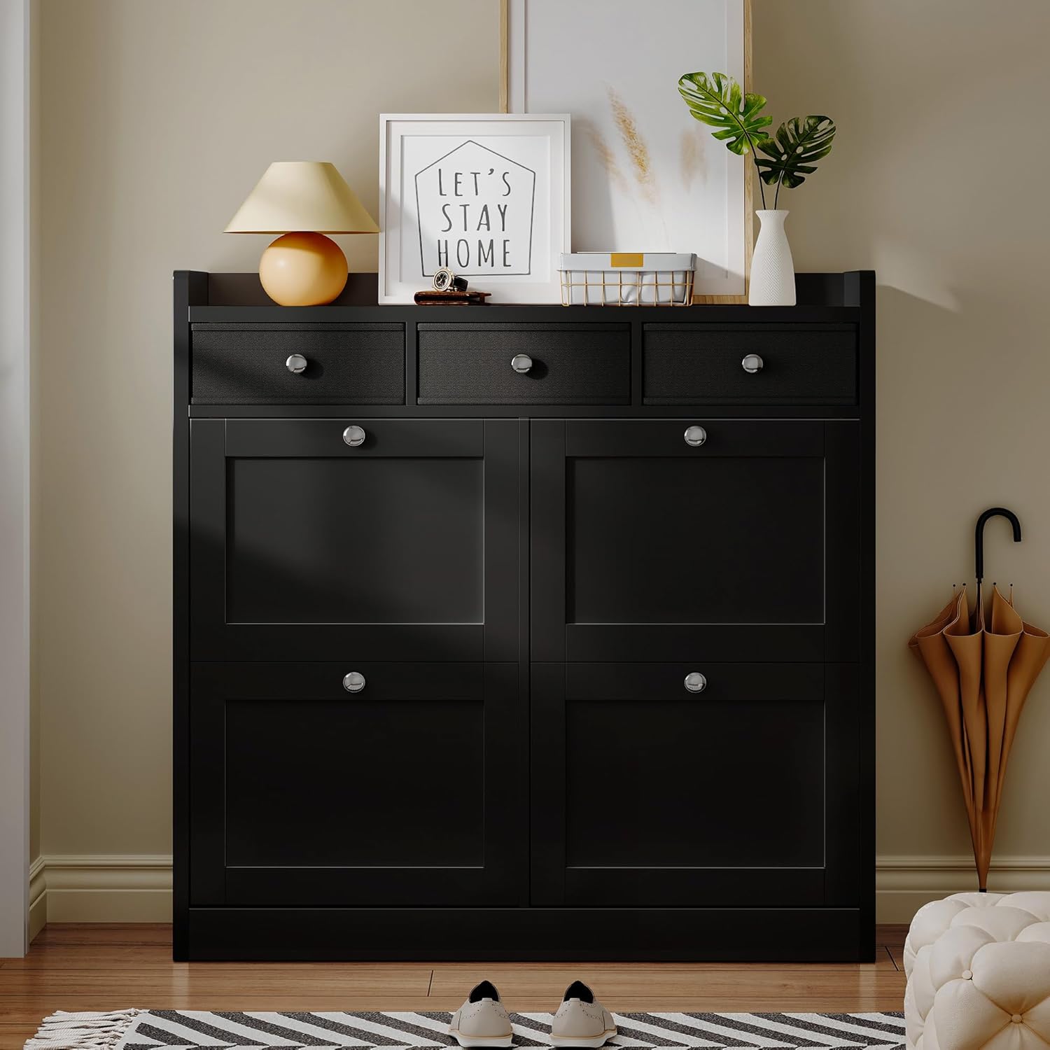 YITAHOME Schuhschrank, Schuhregal Schuhkipper Schmal, Schuhschrank schwarz mit 4 Klappen, Shoe Cabinet Schuhkommode schuhschrank mit Schublade für Eingangsbereich, Flur (schwarz)