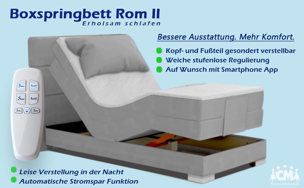 Boxspringbett Rom II 120x200 cm elektrisch verstellbar mit Motor, inkl. Tonnentaschenfederkernmatratze und Topper Härtegrad H2 / H3 / H4. Verstellbares Kopfteil & Fußteil