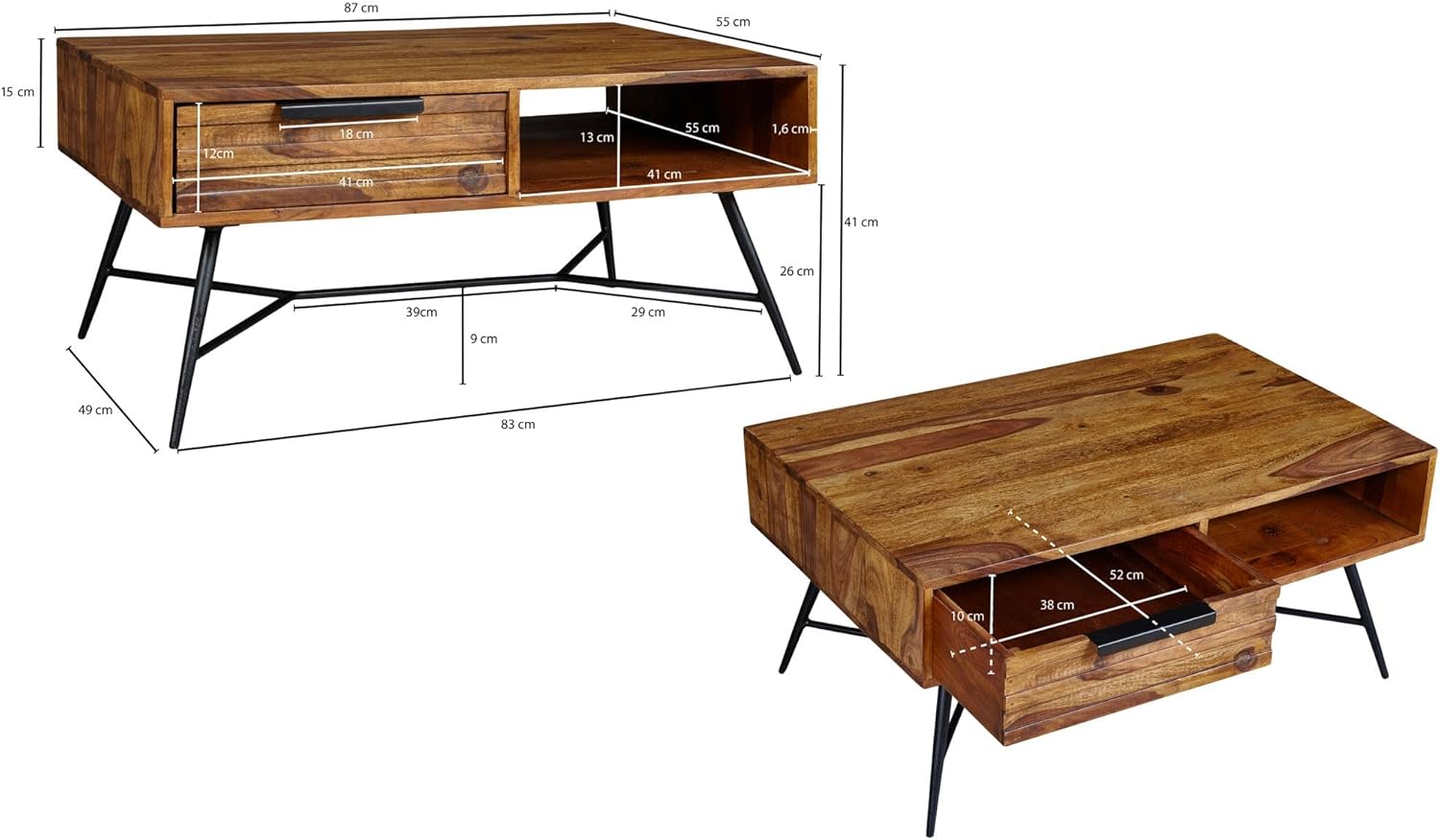 FineBuy Couchtisch Nishan 87 x 41 x 55 cm Sheesham Massiv Holz, Design Holztisch mit Stauraum und Schublade, Massivholztisch Wohnzimmer, Retro-Industrial Wohnzimmertisch mit Metallbeinen Braun