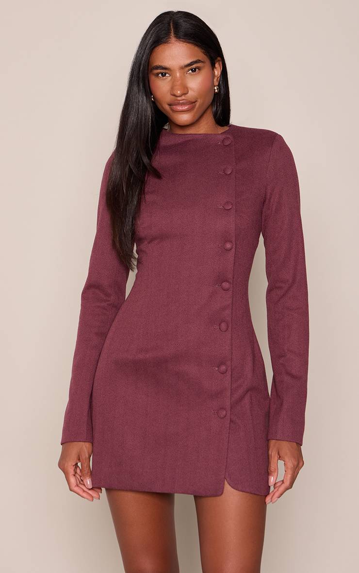 Rouge Bordeaux Robe Blazer Boutonnée En Bouclé