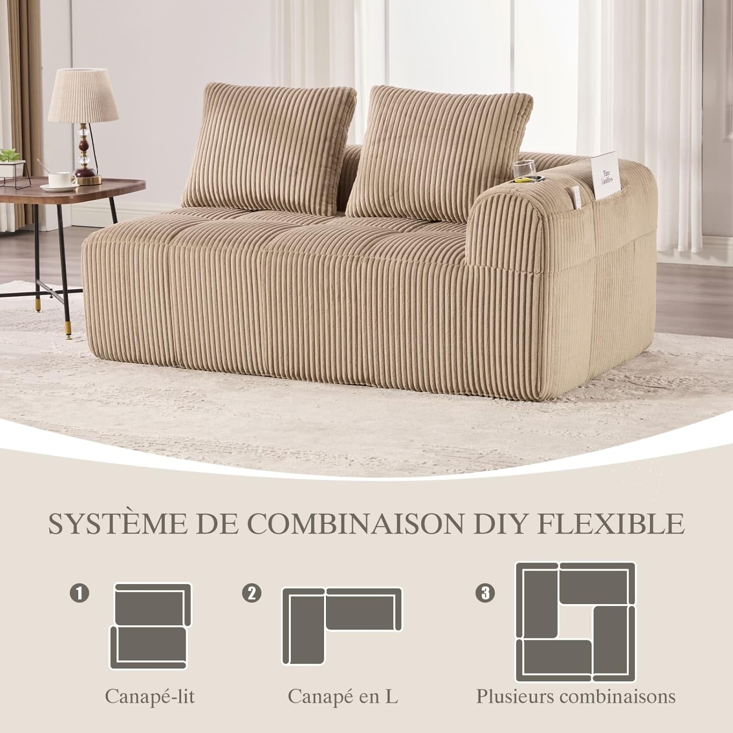 Canapé en Velours côtelé Moderne avec 2 Coussins, 2 Poches latérales, Canapé de Loisirs Modular 2 Places avec 2 Porte-gobelet, Canapé d'angle pour Salon, Bureau (Khaki) UW1265353