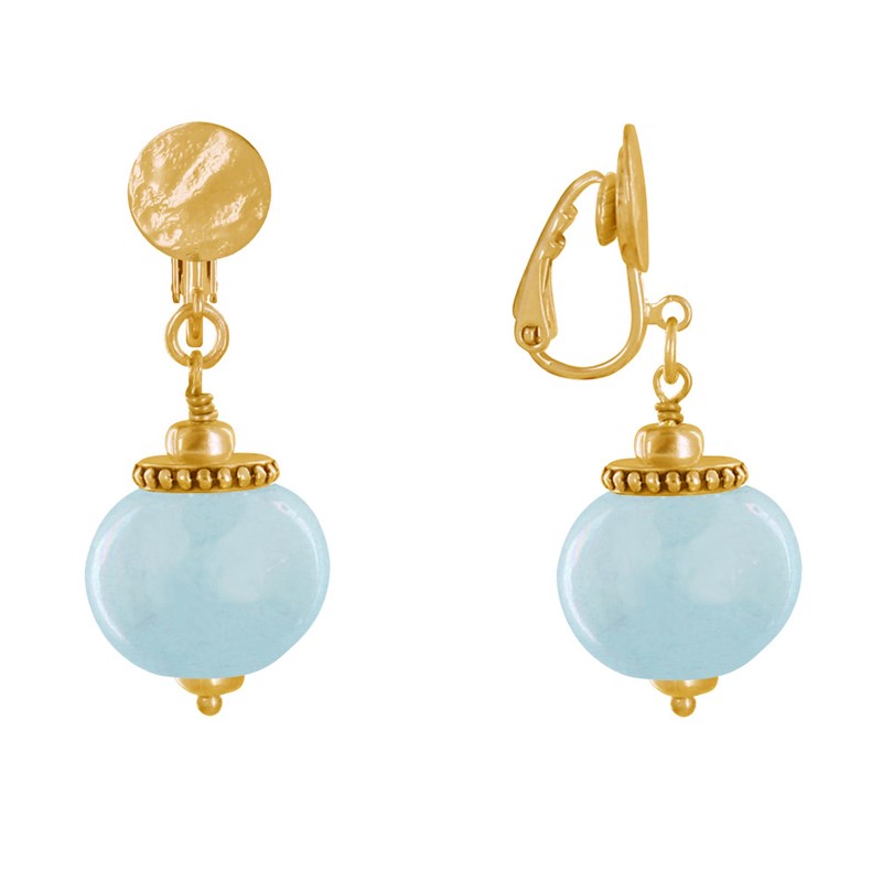 Boucles d'Oreilles Clip Métal Doré et Grosses Perles en Céramique