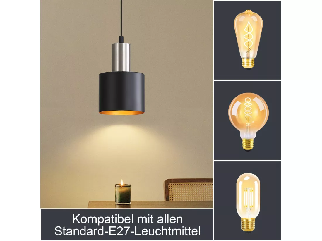 NETTLIFE Lampe suspendue table à manger suspension E27 suspension noire rétro table de chevet réglable en hauteur