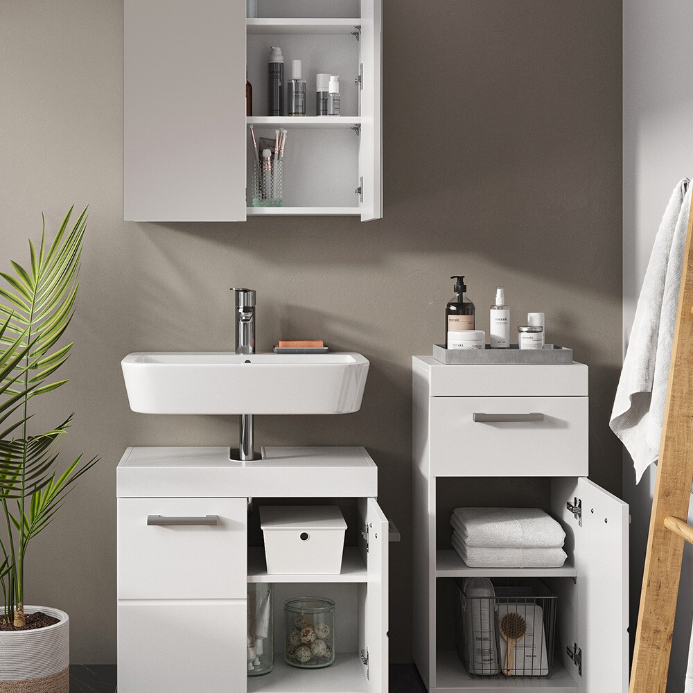 Vicco Badmöbelset Luna Weiß Skandi Badezimmerschrank Badschrank Waschtischunterschrank Spiegelschrank Midischrank Schranktür Schrankfach Schrankschublade Ablage Aufbewahrung