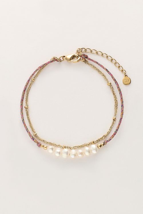 Minimalistische dubbele armband met roze koord en parels