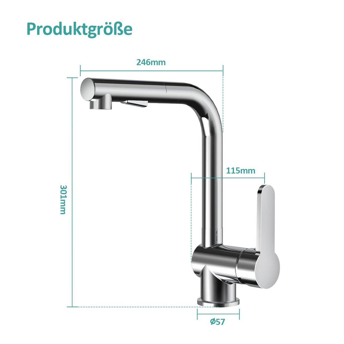 EMKE Keukenkraan - Eengreeps spoelbakkraan met uittrekbare sproeikop, 2 straalsoorten, 360° draaibaar, 60 cm slang, hoogte 30,1 cm, chroom