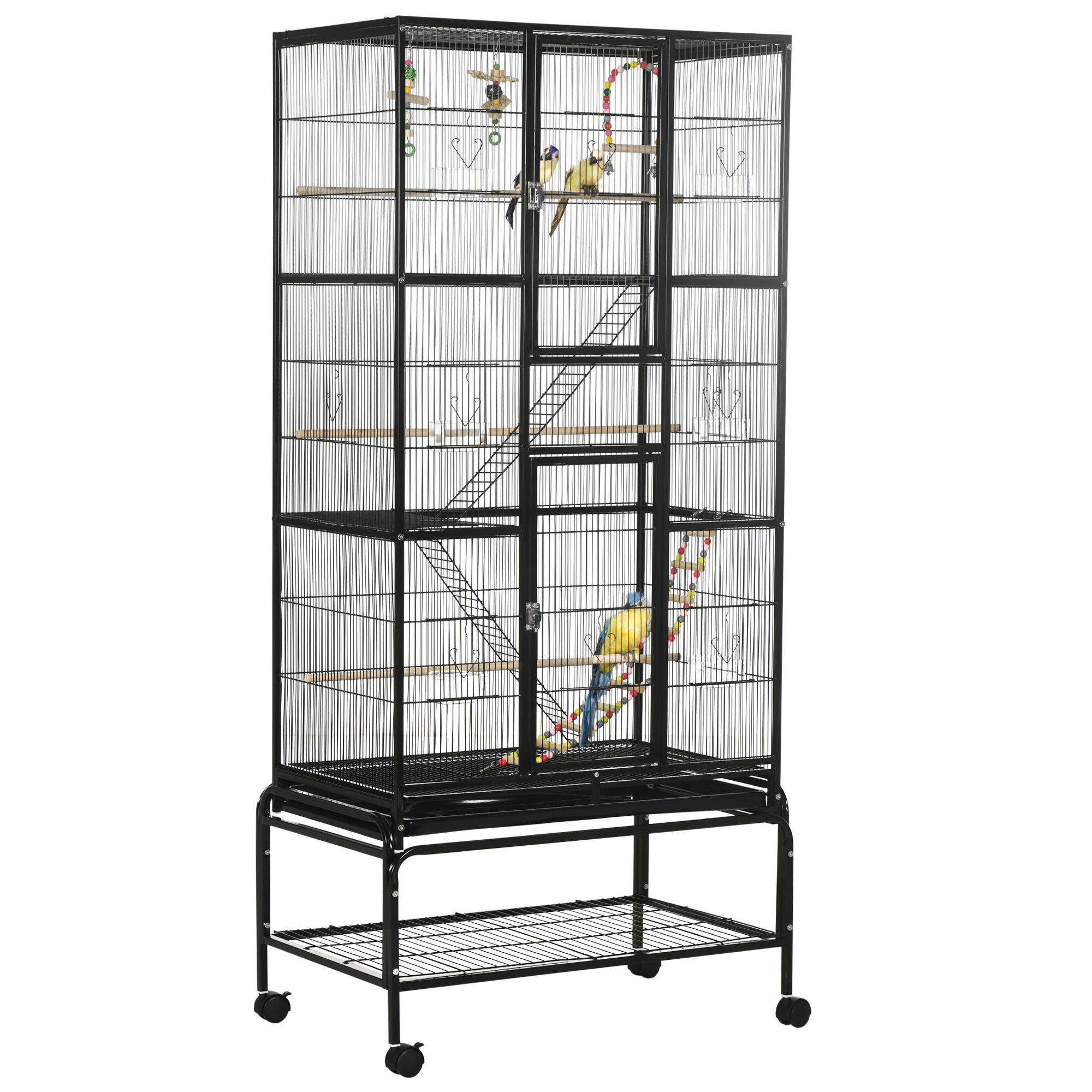 Gaiola para pássaros PawHut com rodas, 83x53x180 cm, viveiro de metal de 3 níveis com 3 poleiros, comedouros, brinquedos, rampas e prateleira de armazenamento para canários e periquitos, preta.
