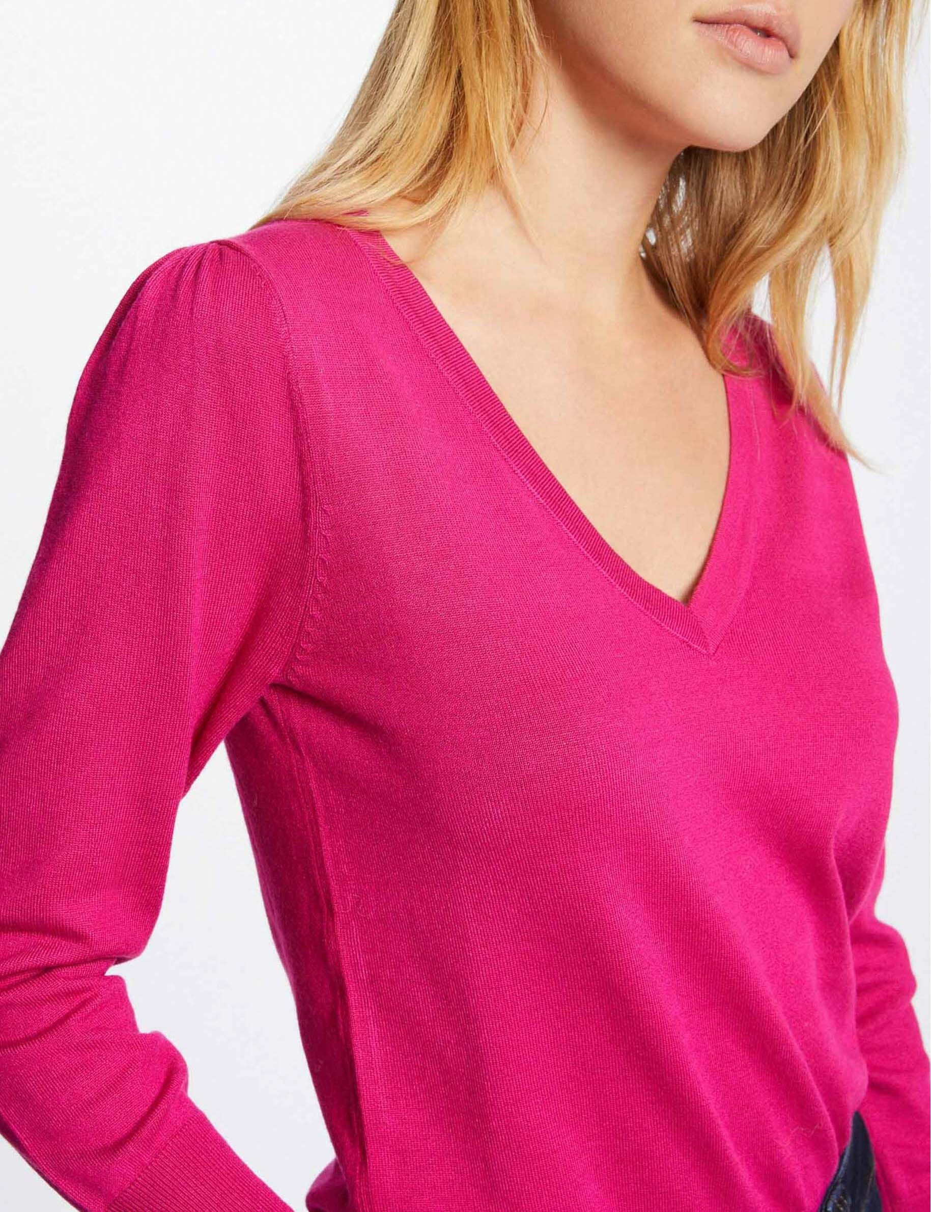 Pull manches longues avec col en V rose fonce femme - rose_fonce