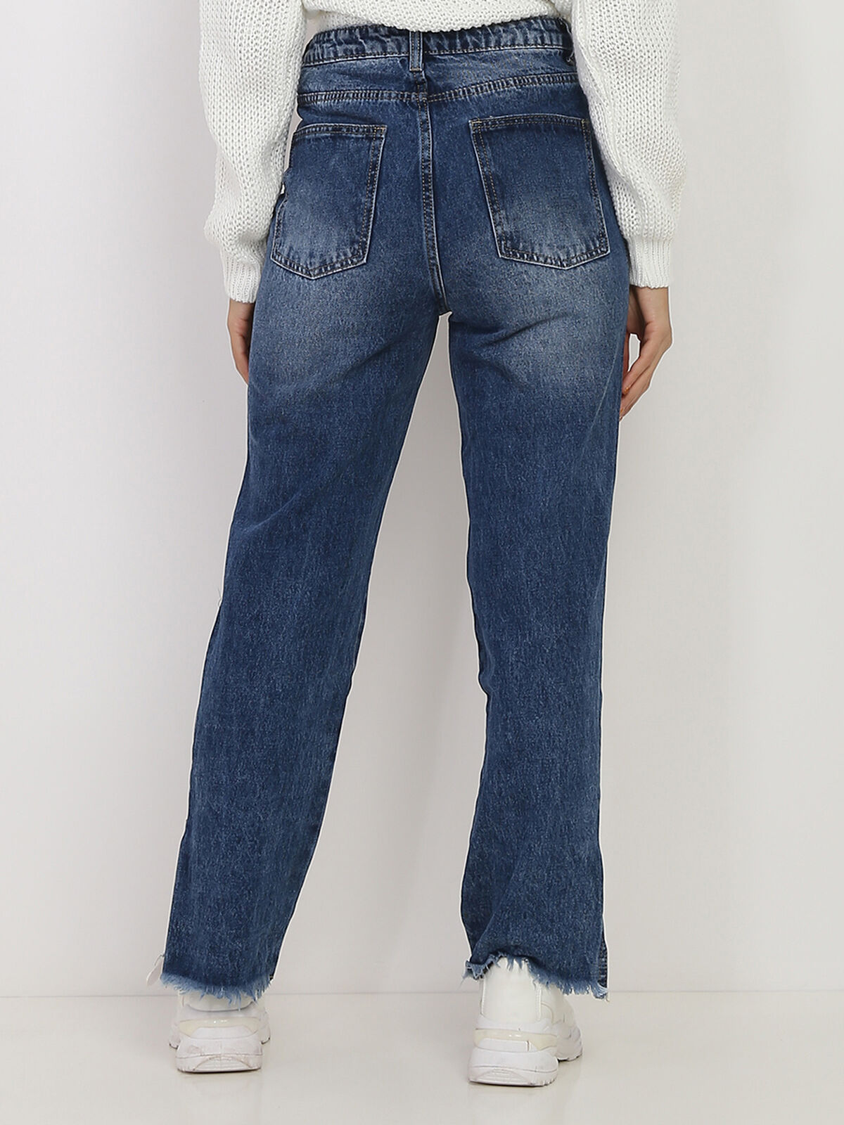 Jeans large destroy à fentes- Bleu