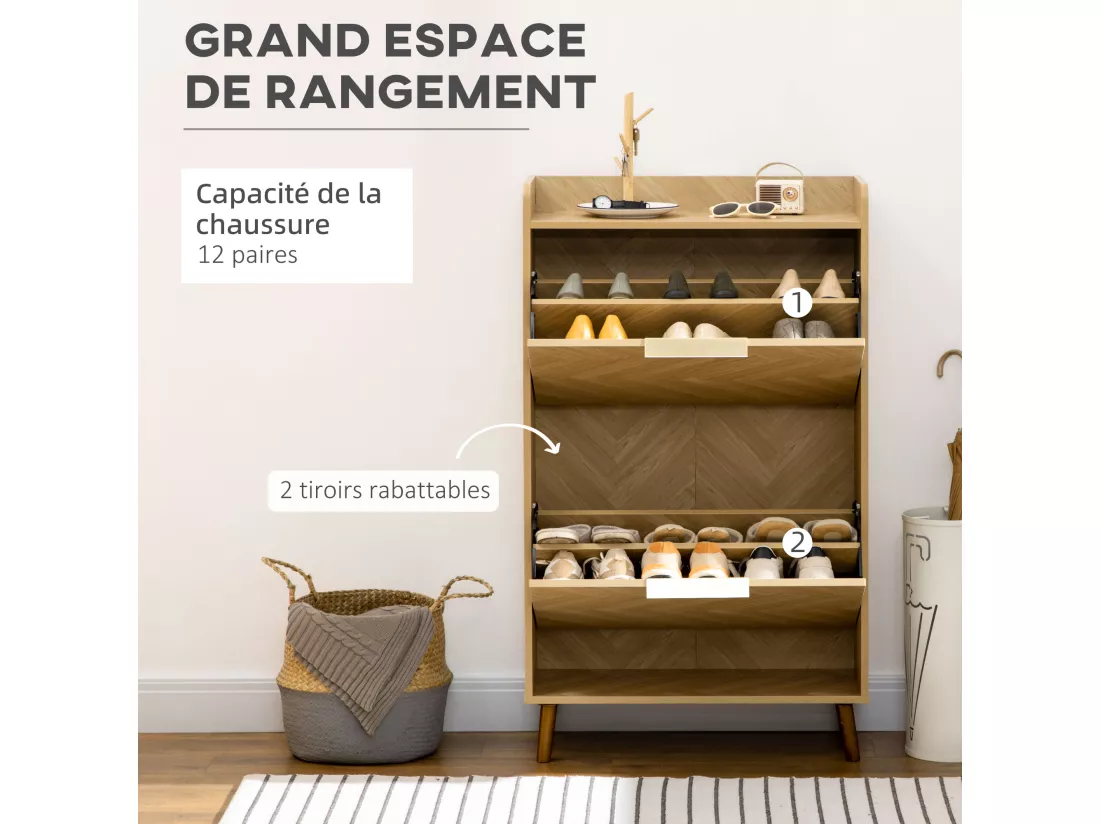 Meuble à chaussures design scandinave 2 portes abattantes 3 étagères piètement effilé incliné bois hévéa panneaux aspect chêne clair chevrons