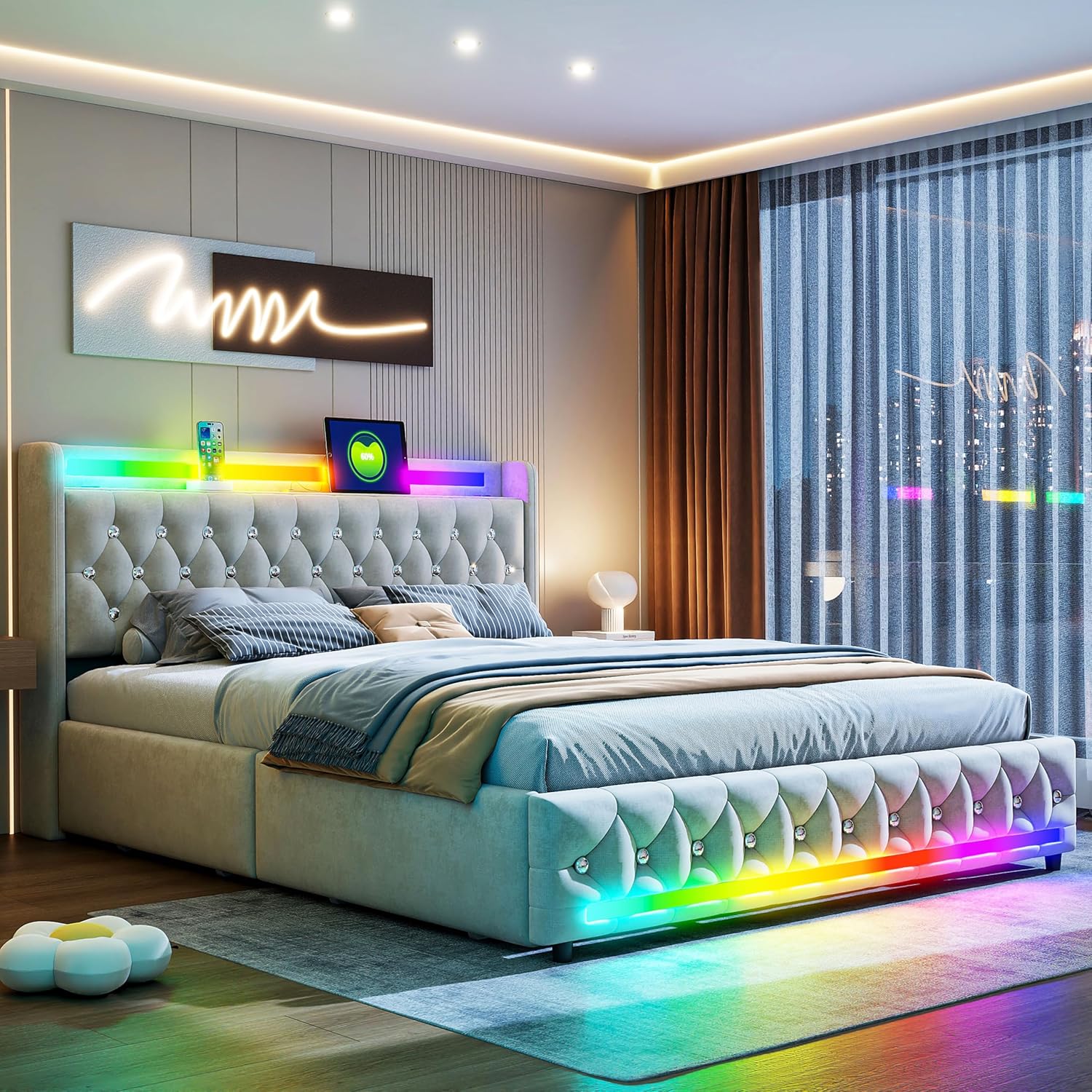 5-in-1 Gepolstertes Bett 160x200cm mit Bluetooth-Lautsprechern, LED-Beleuchtung, USB & Type-C Ladestation, 4 Schubladen, Holzlattenrost, Samtbett – Multifunktionaler Bettrahmen mit Kopfteil
