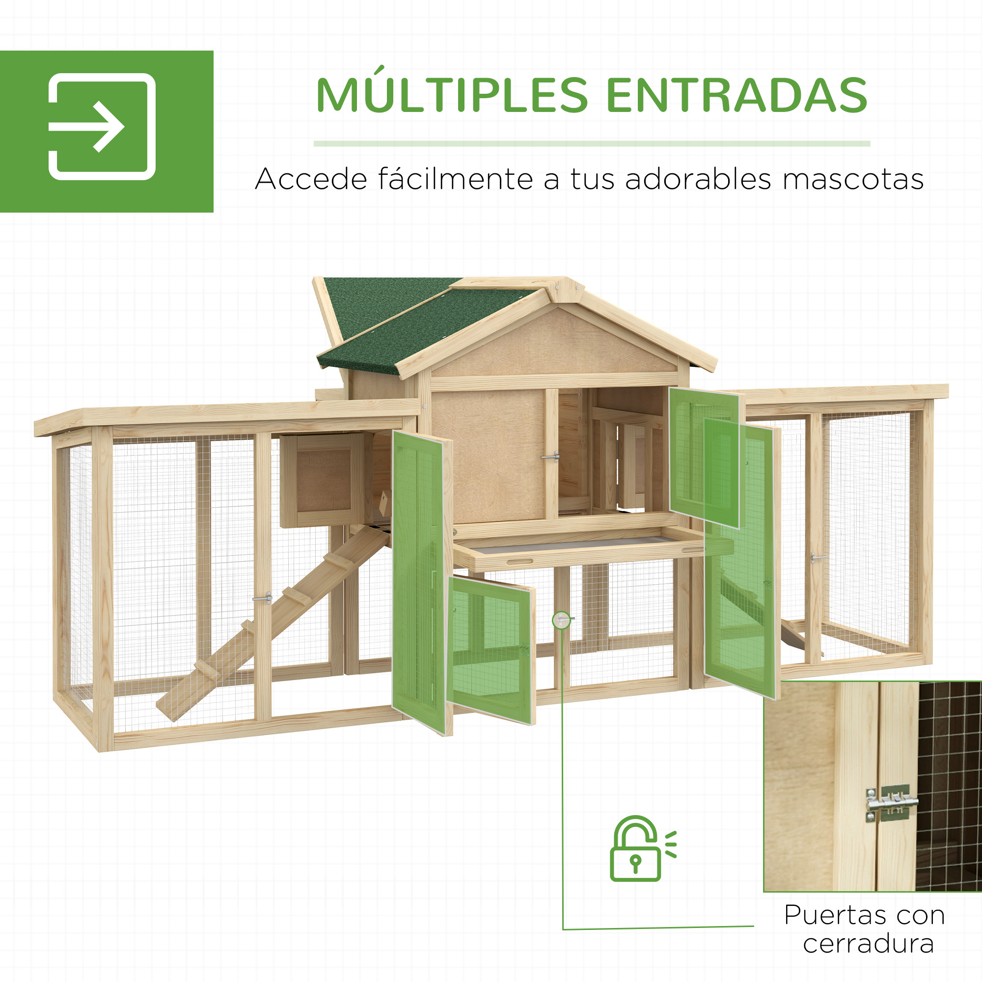 Galinheiro de madeira PawHut, 204x85x93 cm, para 2 a 4 galinhas. Galinheiro grande com ninho, bandeja removível, telhado de asfalto e rampa para uso externo. Cor natural.