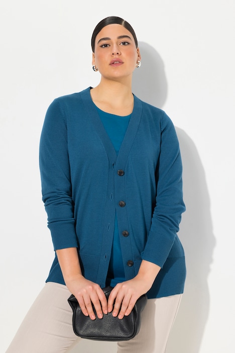 Strickjacke, V-Ausschnitt, Knopfleiste, Feinstrick