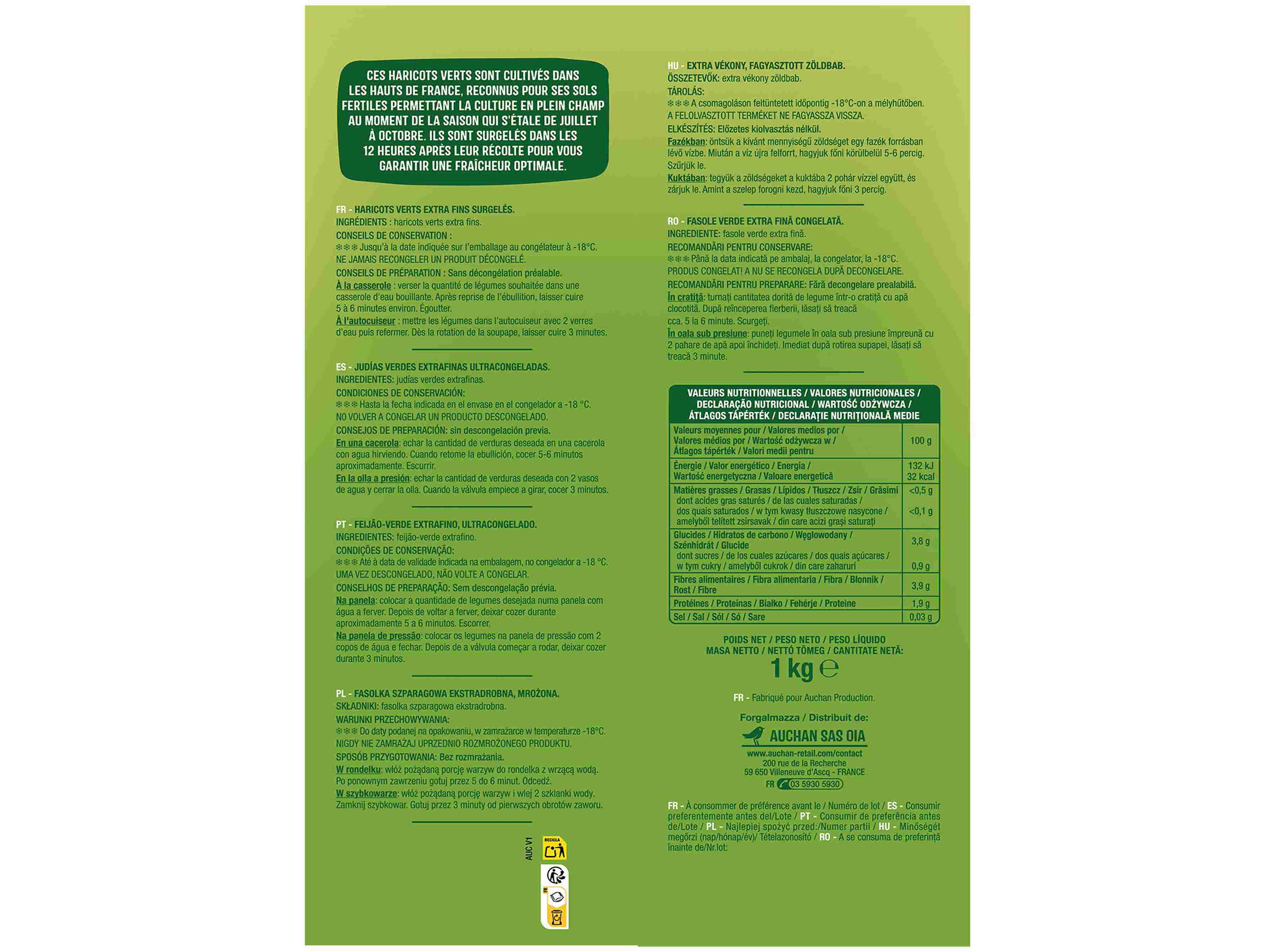 FEIJÃO VERDE AUCHAN EXTRA FINO 1KG