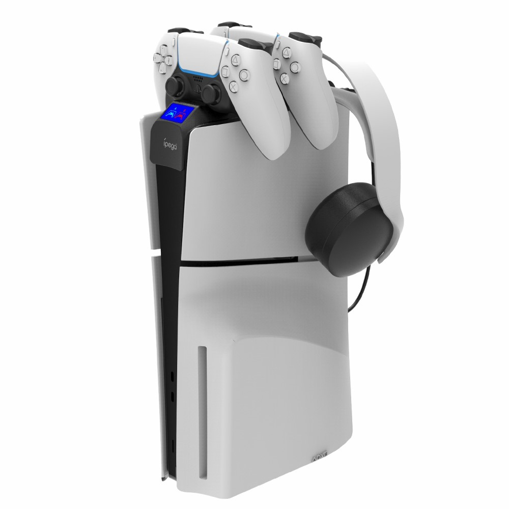 Sony PlayStation PS5 / PS5 Slim Controller Dual Ladestation Docking Halter mit LED Ladeanzeige   Headset Halterung - Schwarz