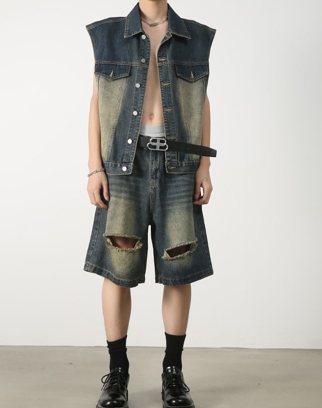 pinkdropper - Gewassen denim vest met kraag en knopen / Lage taille denim shorts met distressed effect