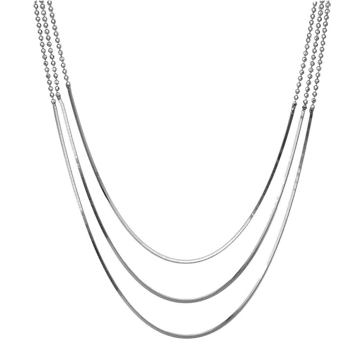 Collier Argent Rhodié Triples Mailles Serpentine Et Chaine Boule Diamantée