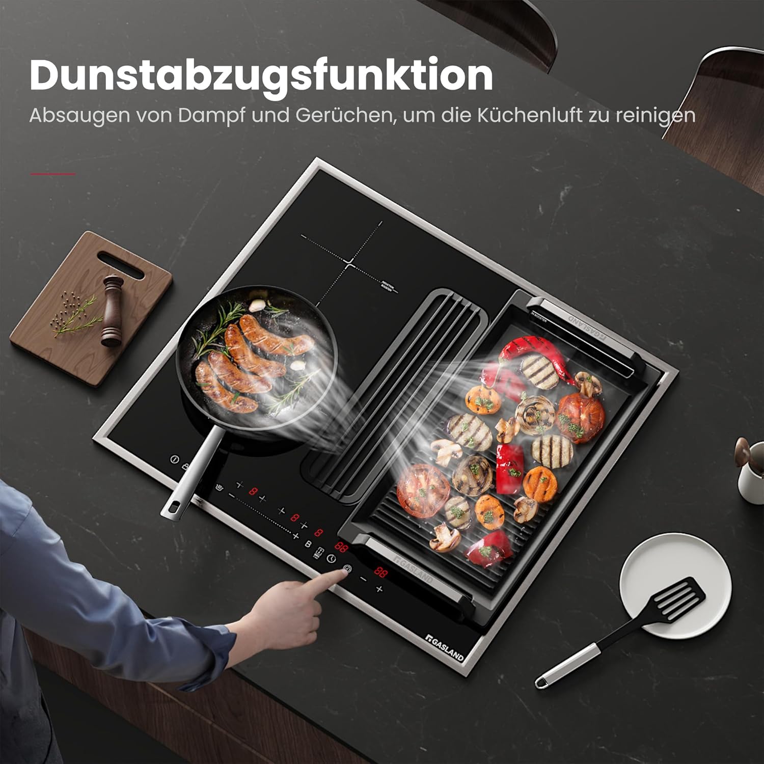 GASLAND IH604BFRB 60 cm Autarkes Induktionskochfeld mit Integriertem Dunstabzug, 4 Zonen Einbau Induktionskochfelder mit Edelstahlrahmen, PowerBoost schnelleres Kochen, 7400W (Ohne Grillplatte)