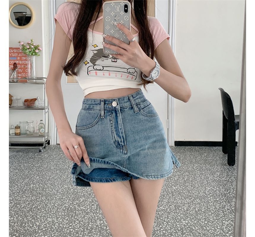 Notica - Hoge taille split gewassen denim skort
