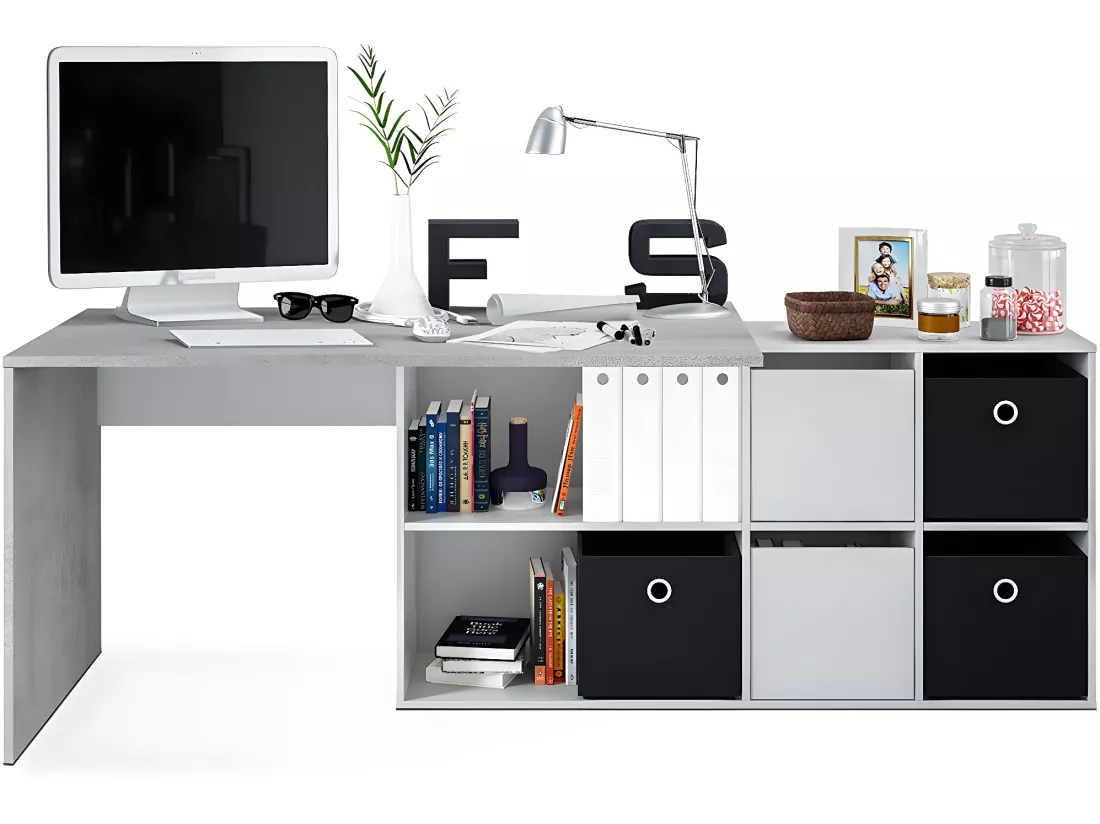 Bureau avec caisson coloris Blanc artic / béton- Hauteur 74 x Longueur 136 x 139 cm