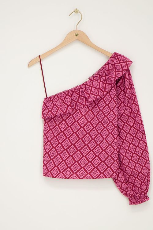 Roze one-shoulder top met ikat print en ruffle
