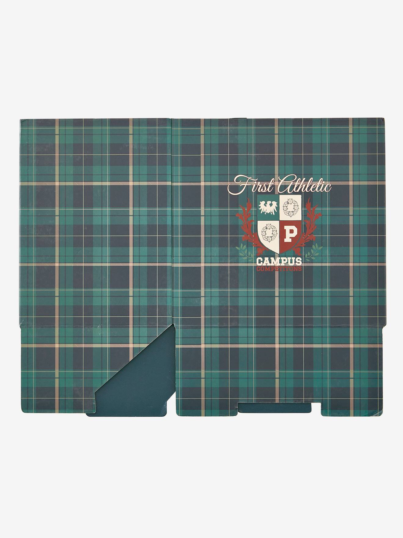 Lixeira dobrável de papelão com emblema impresso em verde escuro.