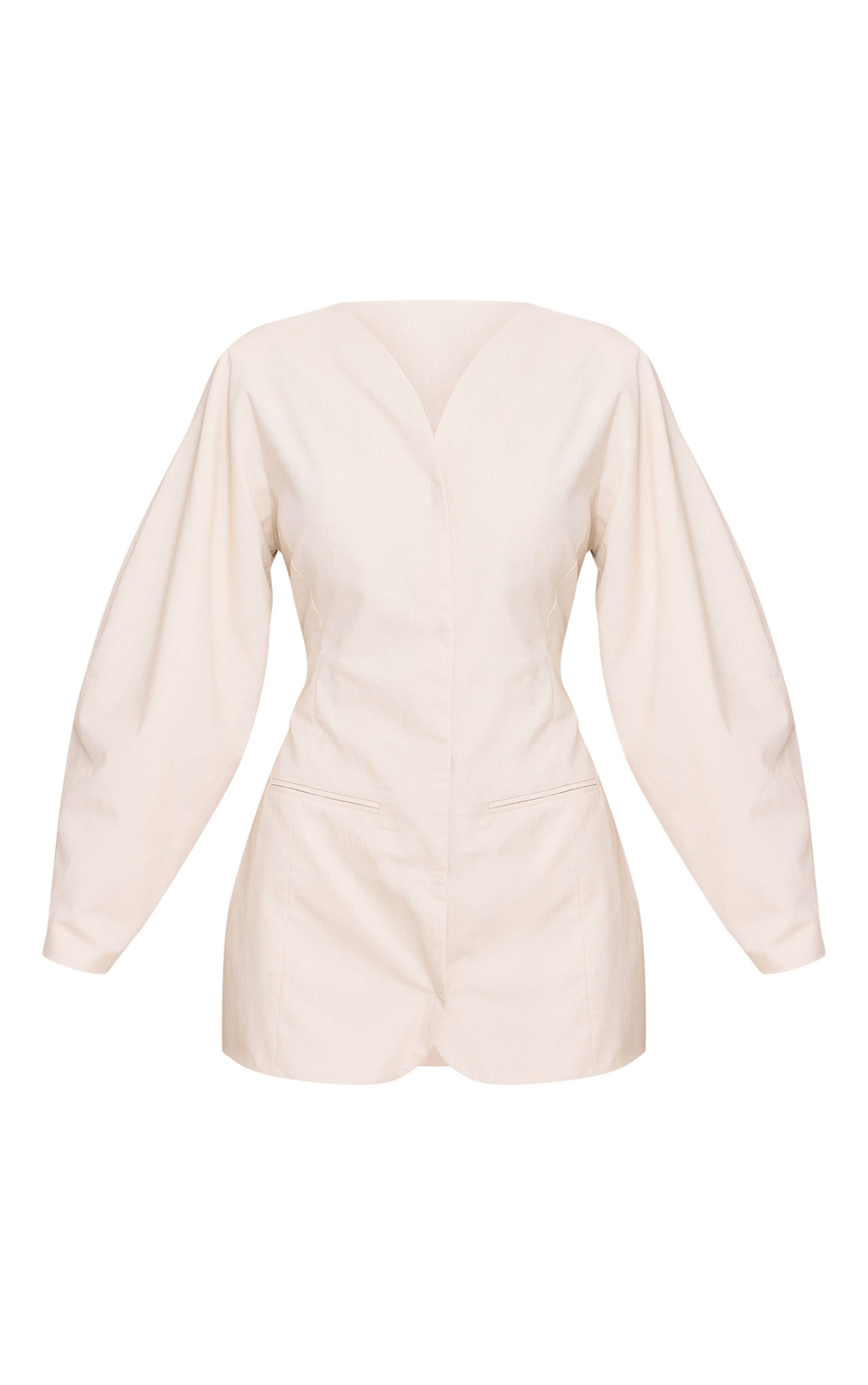 Naturel Robe Blazer Sans Col En Tissu Tissé À Manches Ballon