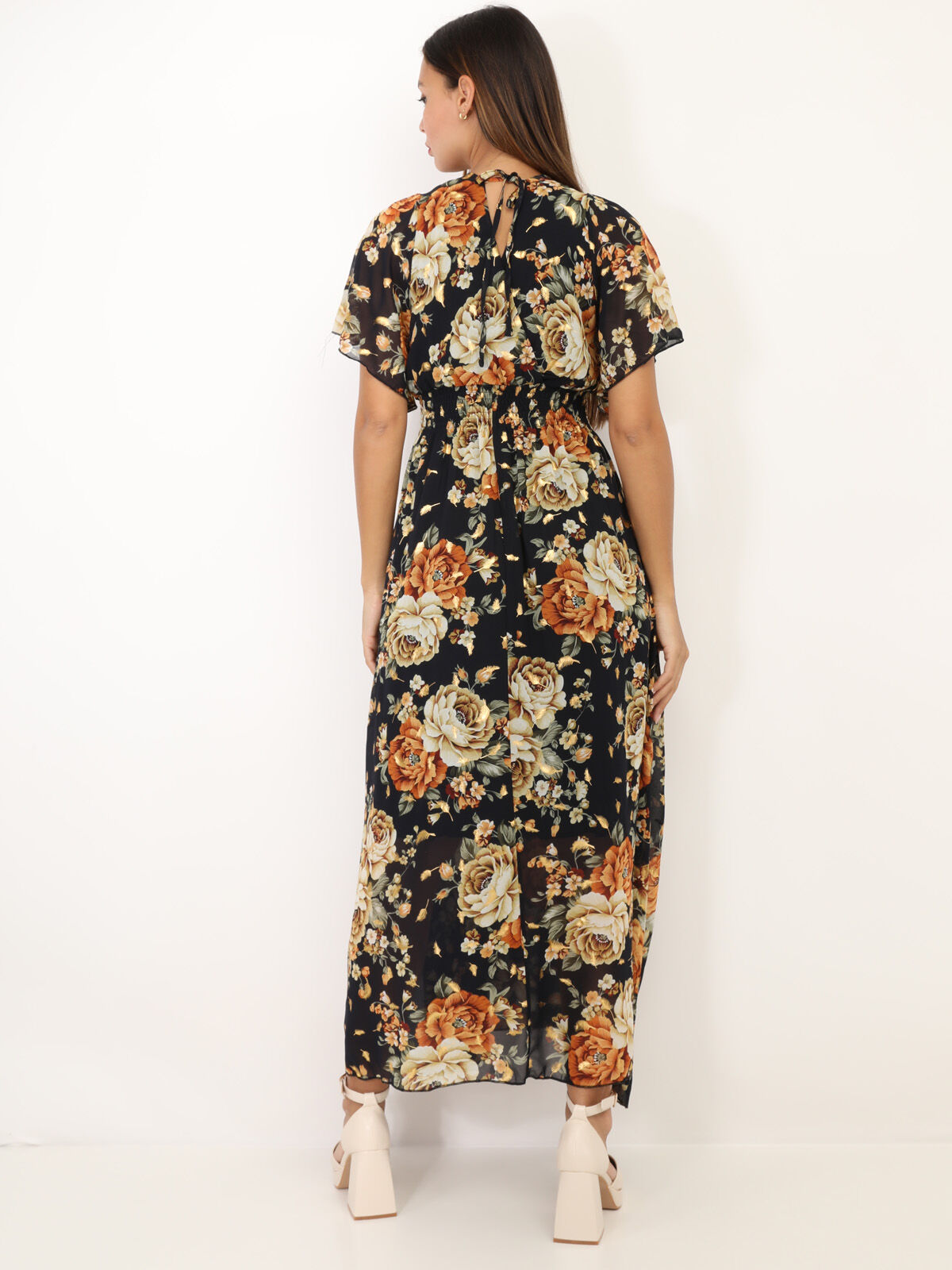 Robe longue cache cœur à fleurs- Bleu marine