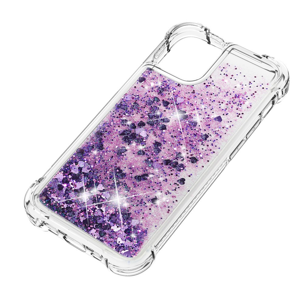iPhone 13 Hardcase Hülle mit Air Cushion Fallschutz Liquid Case Glitzer Herzen - Lila / Transparent