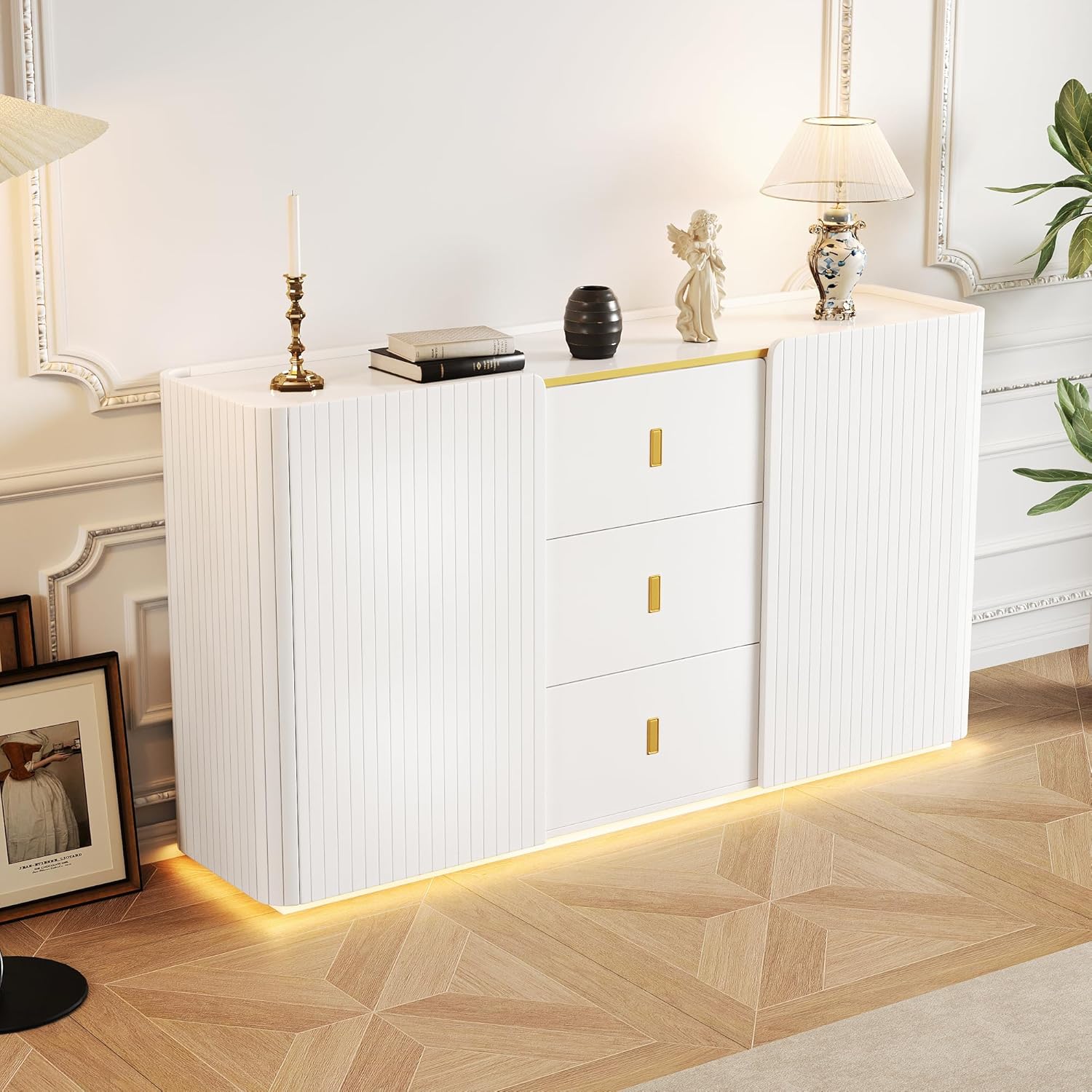 Sideboard Kommode Weiß mit LED-Licht, 150x35x80cm Küchenschrank Stauraum 2 Türen & 3 Schubladen, Seitenschrank Mehrzweckschrank Sideboard Wohnzimmer Möbel Buffetschrank Kitchen Cabinet Anrichte