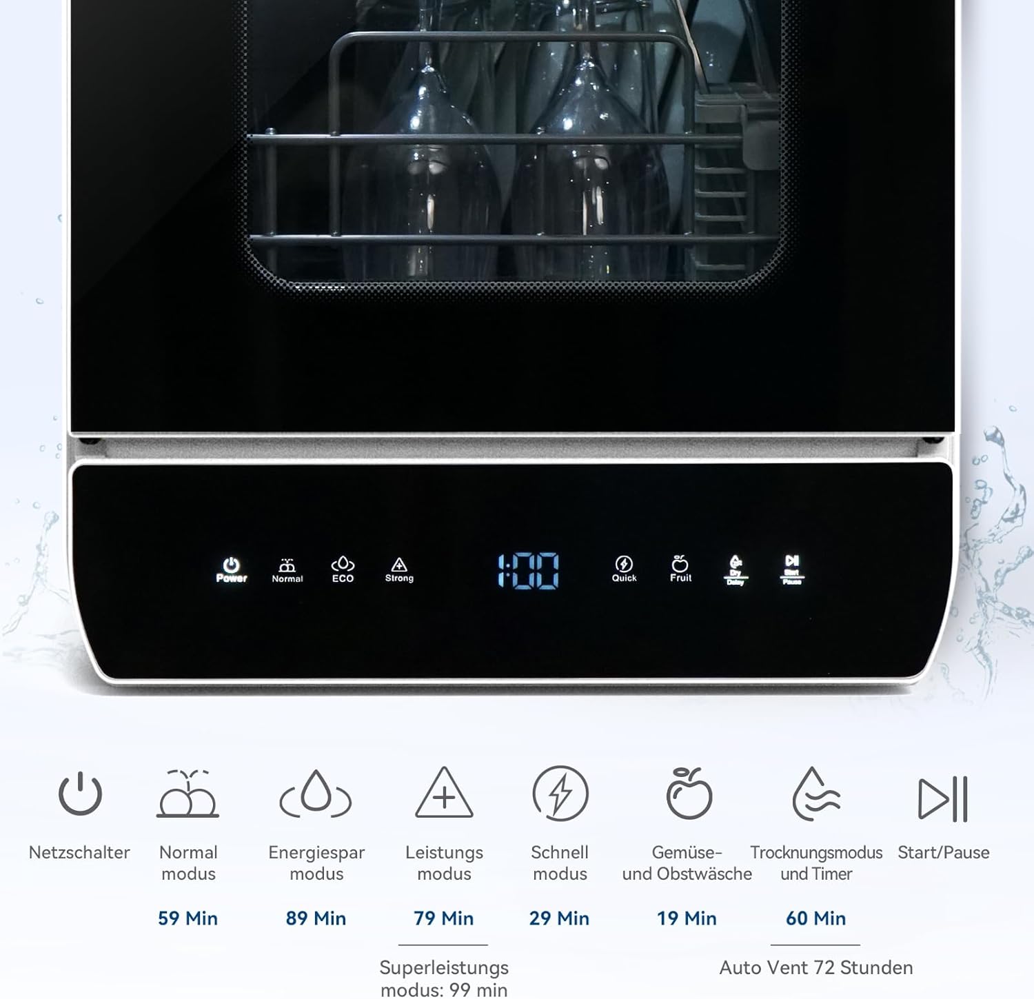 Mini Geschirrspüler für 3 Gedecke, Tischgeschirrspüler mit 7 Programme mit Trocknungsfunktion, mit/ohne Wasseranschluss Benutzbar, Spülmaschine 4.8L, Touch Control für Wohnmobile Wohnungen