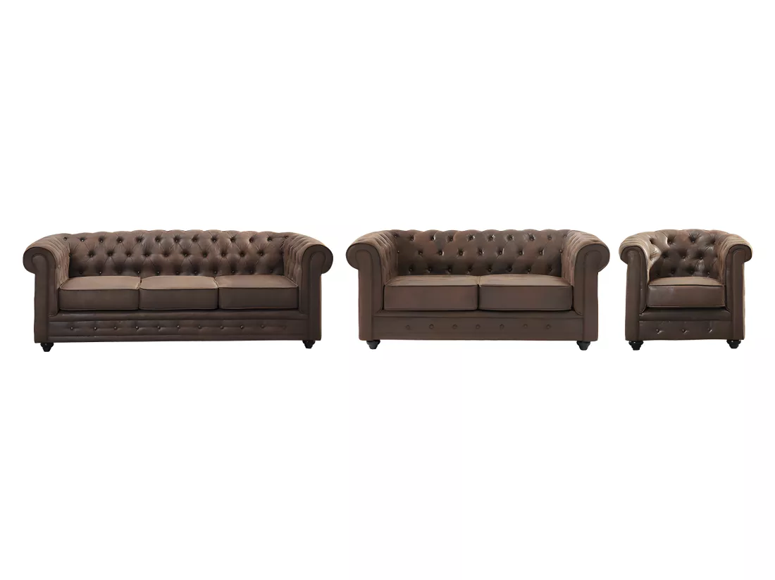 Canapés 3 places 2 places et un fauteuil CHESTERFIELD en microfibre aspect cuir vieilli