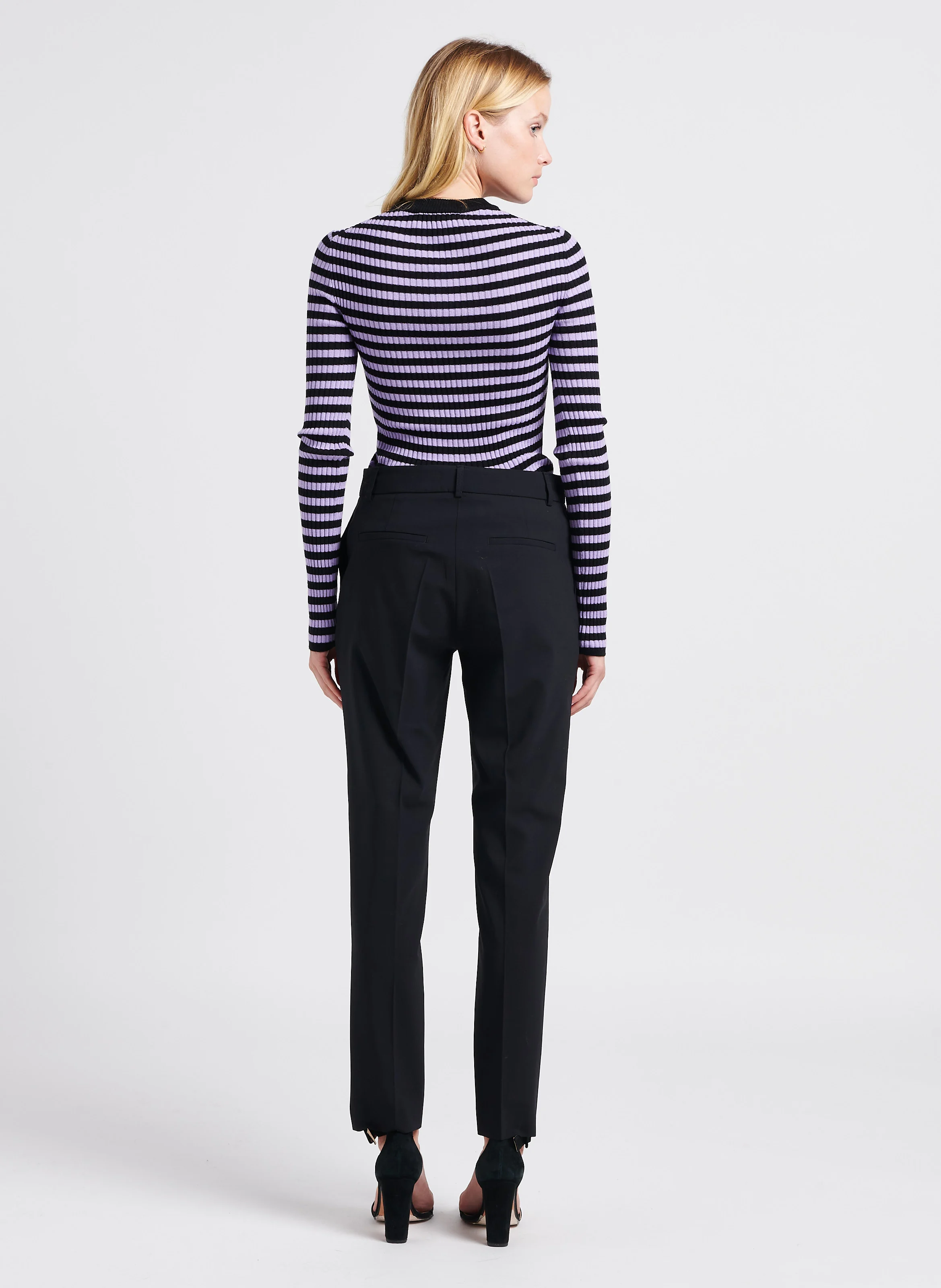 Pull col rond rayé en laine | Noir