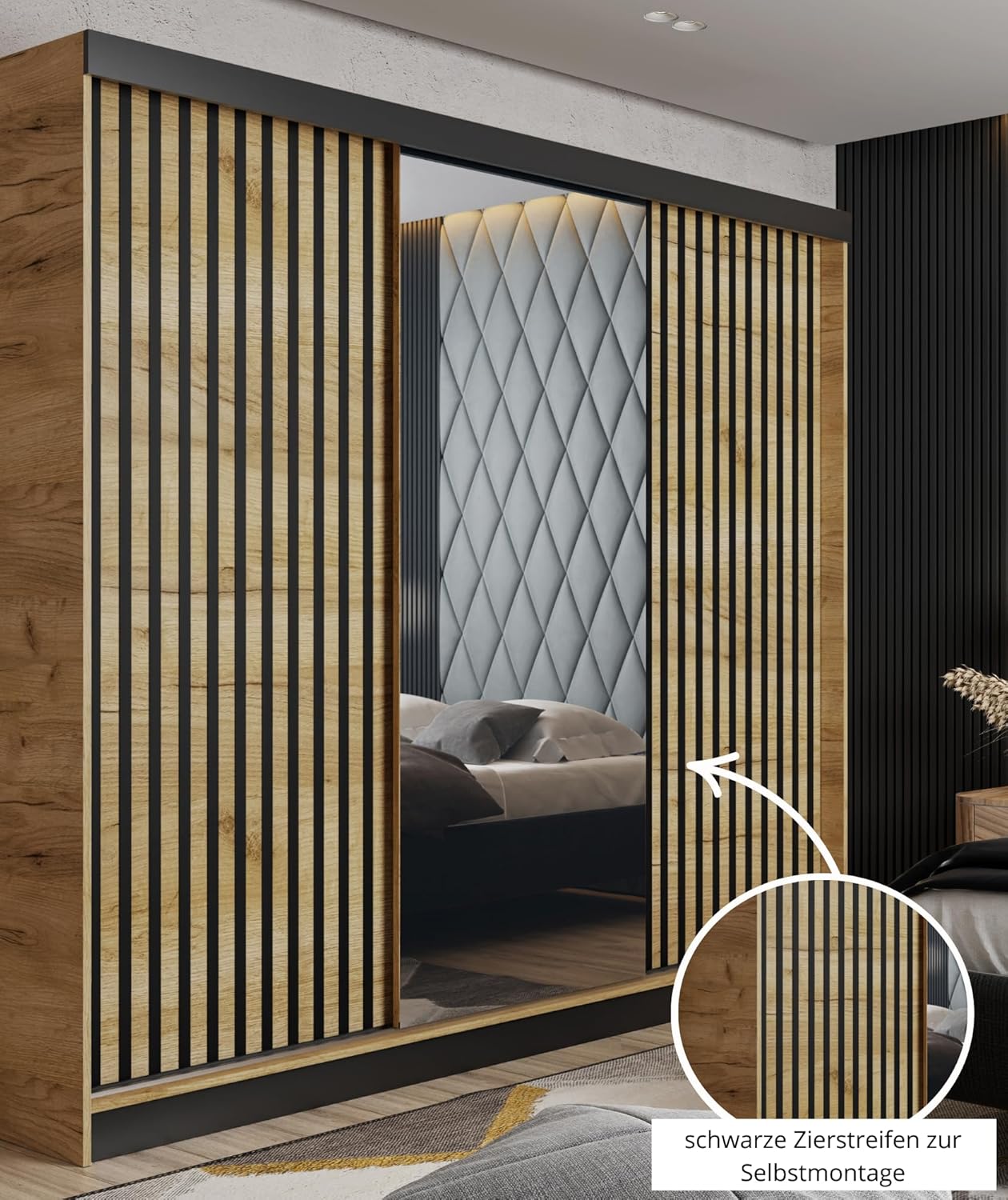 KIER FURNITURE Schränke für Stauraum - Malani 200 - Kleiderschrank - Schiebetürenschrank - Eleganter Kleiderschrank Schrank Garderobe - Schrank für Schlafzimmer - Craft Eiche Gold 200x205x59 cm
