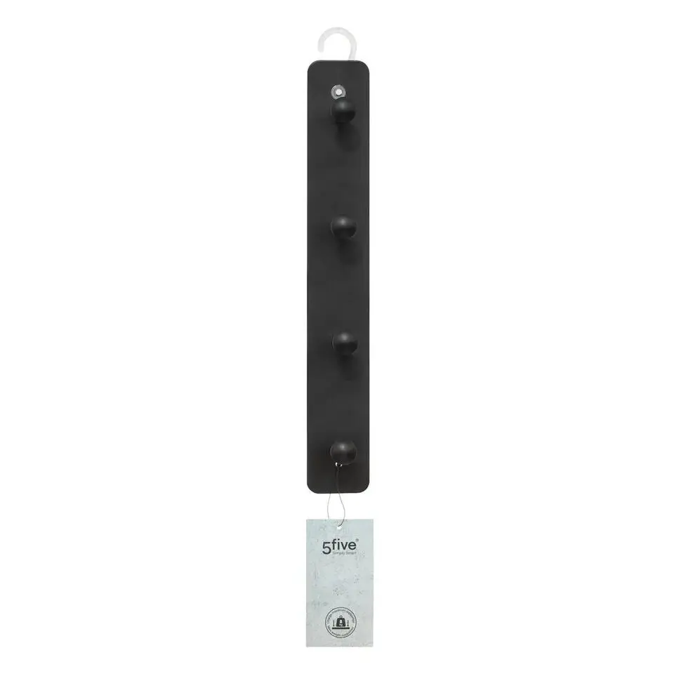 5Five Kapstok rek voor wand/muur - zwart - 4 ophanghaken - B35 cm