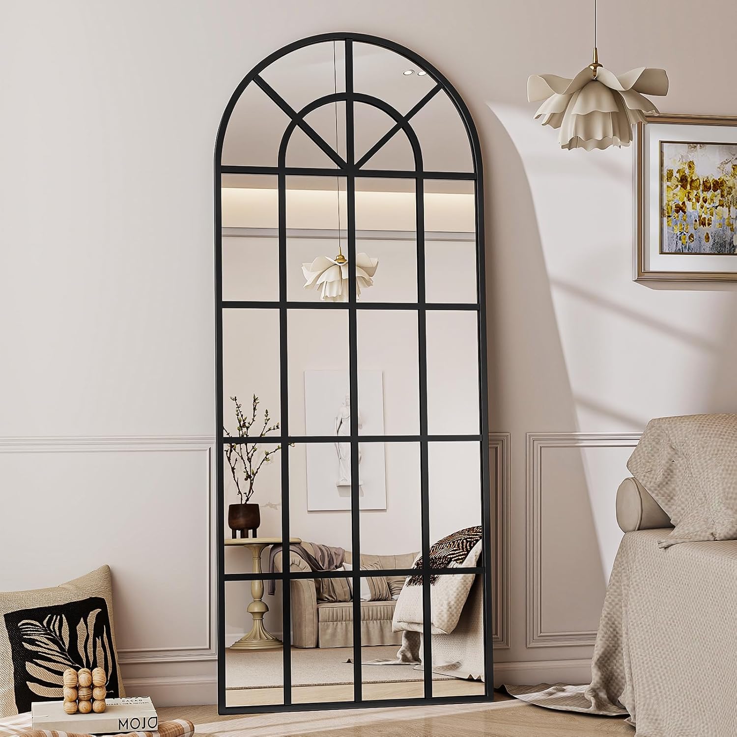 Koonmi 60x164 cm Fensterscheibe Gewölbter Ganzkörperspiegel - Raster-Designed Dekorative Vollkörper Wandspiegel mit Metallrahmen hängend Schrägung für den Eingang, Wohnzimmer Dekoration, Schwarz
