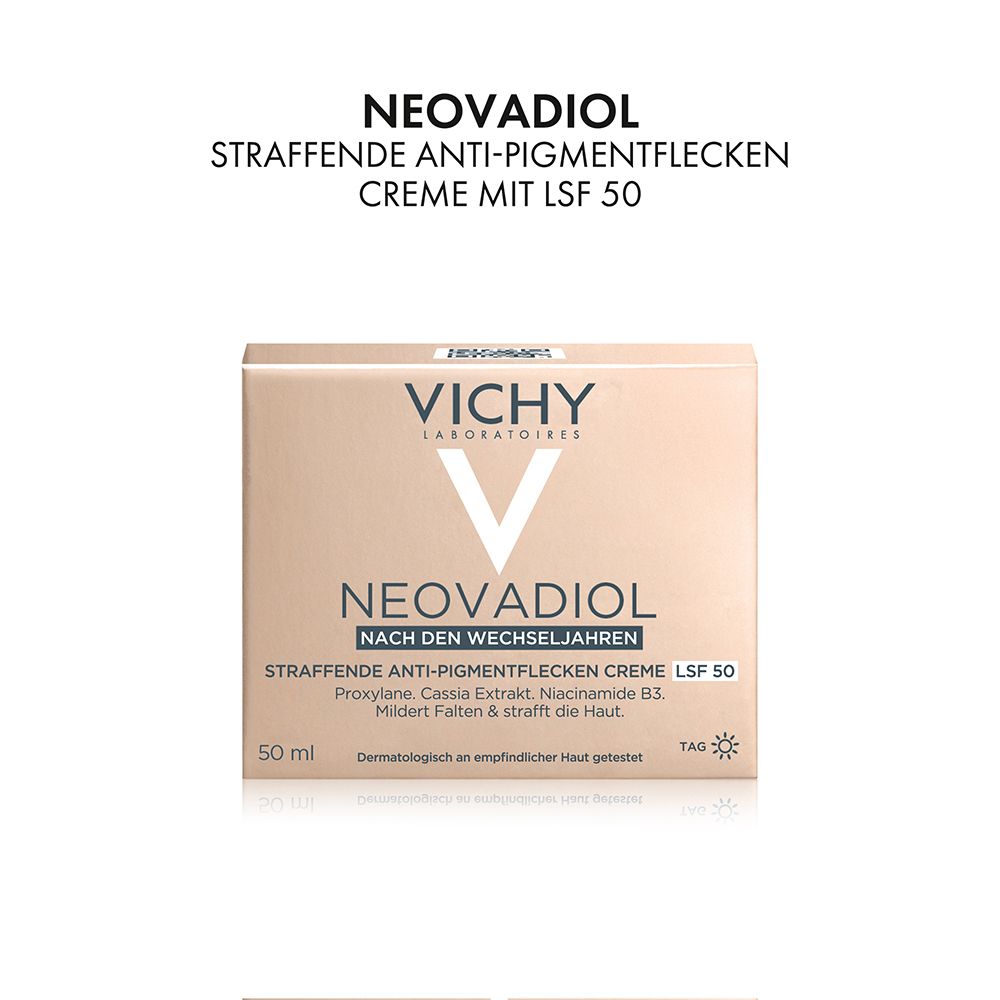 Vichy Neovadiol Straffende Anti-Pigmentflecken Creme LSF 50 mit 3-facher Anti-Aging-Wirkung und dem höchsten Lichtschutzfaktor 50.