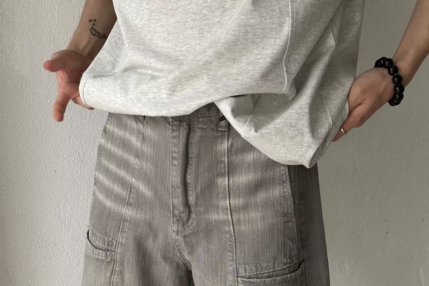 Double White - Mid Rise Washed Panel Denim Shorts