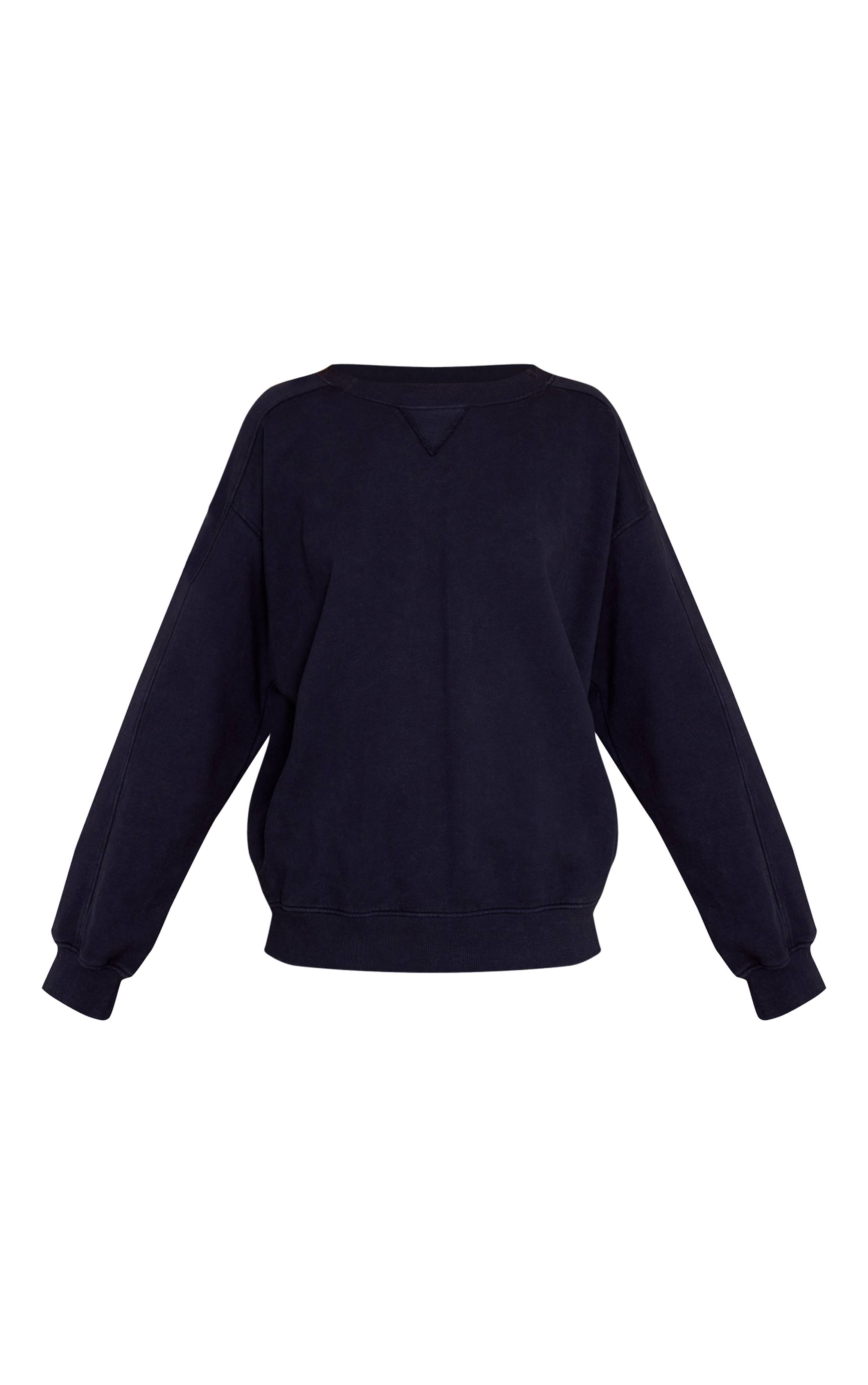Bleu Marine Sweat-shirt Délavé À L'acide Avec Broderie En Point De Croix